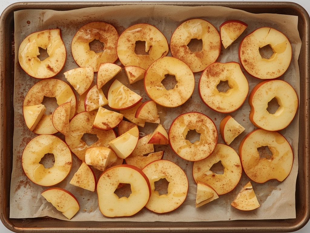 A baking sheet lined with parchment paper, filled with thinly