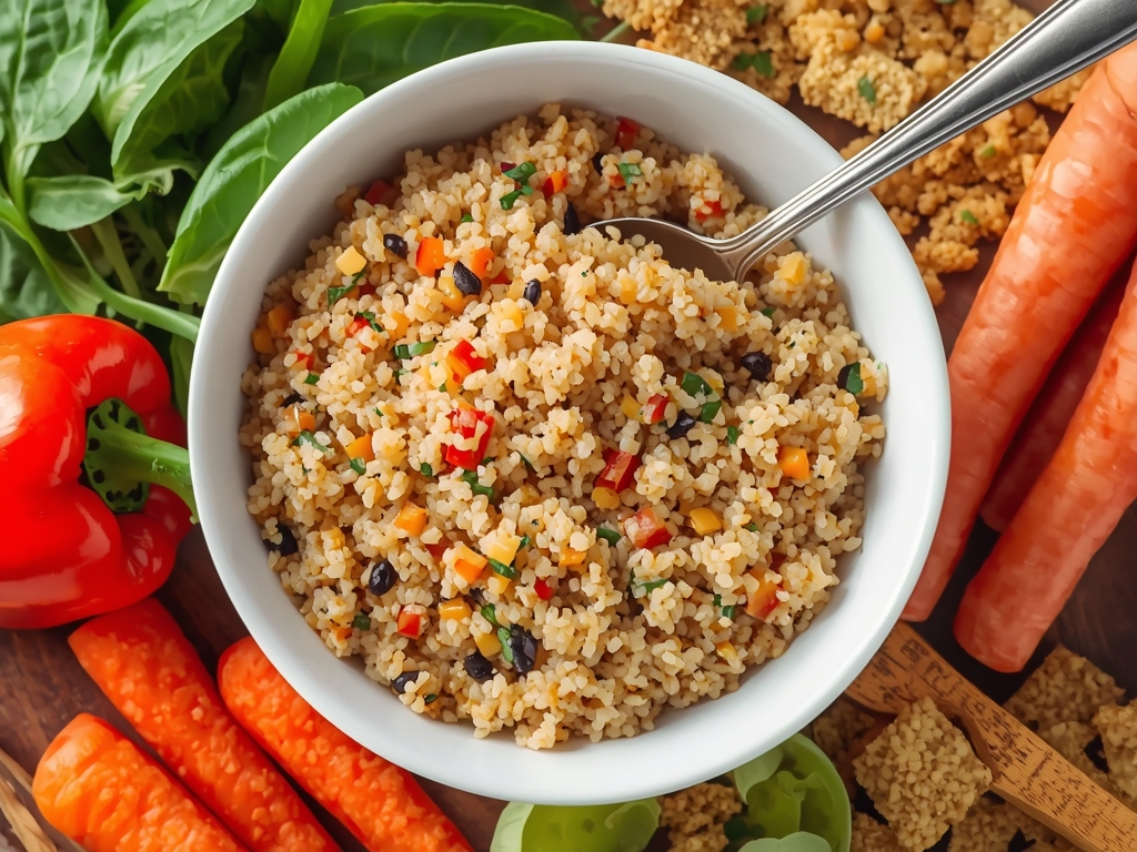 A bowl of cooked quinoa with a wooden spoon, surrounded