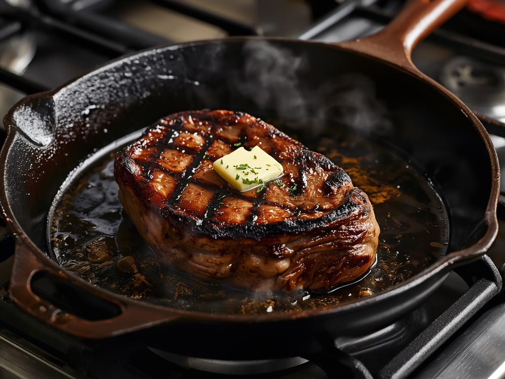 A cast-iron skillet on a stovetop with a ribeye steak