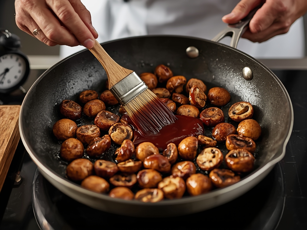 A chef’s hand brushing BBQ sauce onto a skillet full