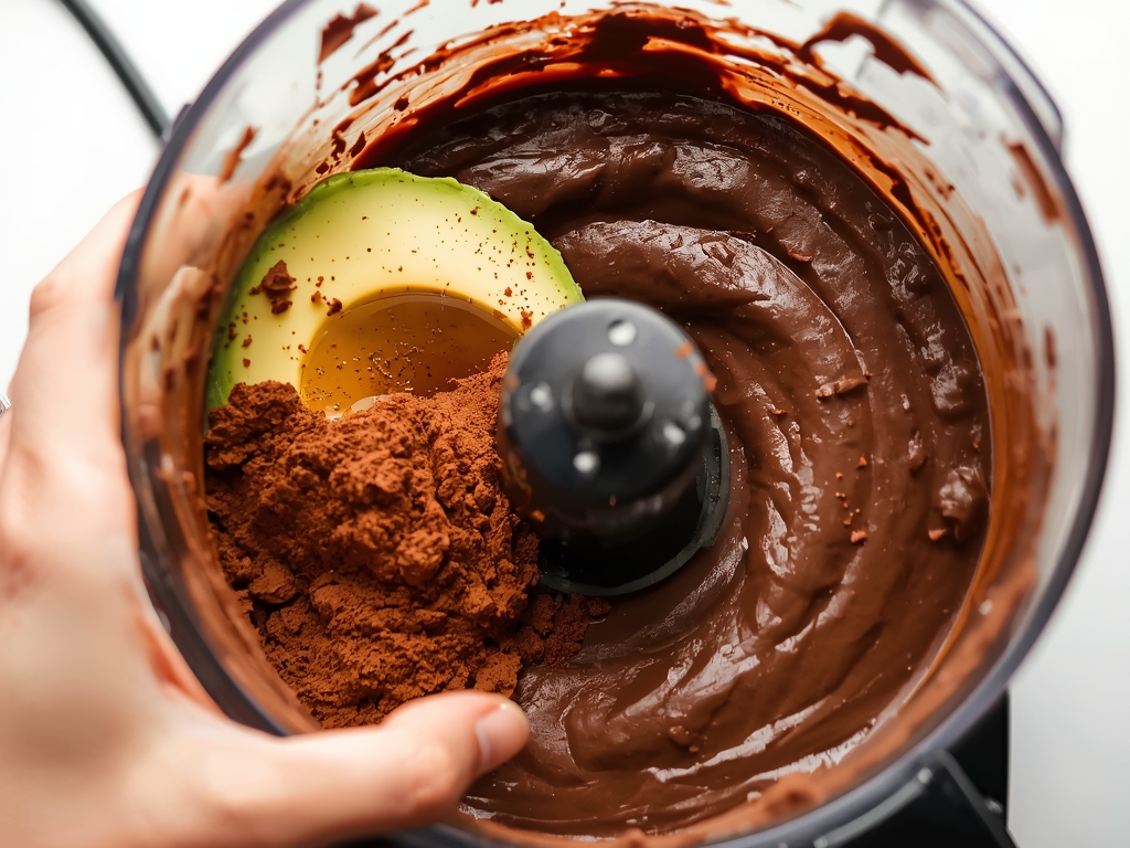 A close-up of a hand blending ripe avocados, cocoa powder,
