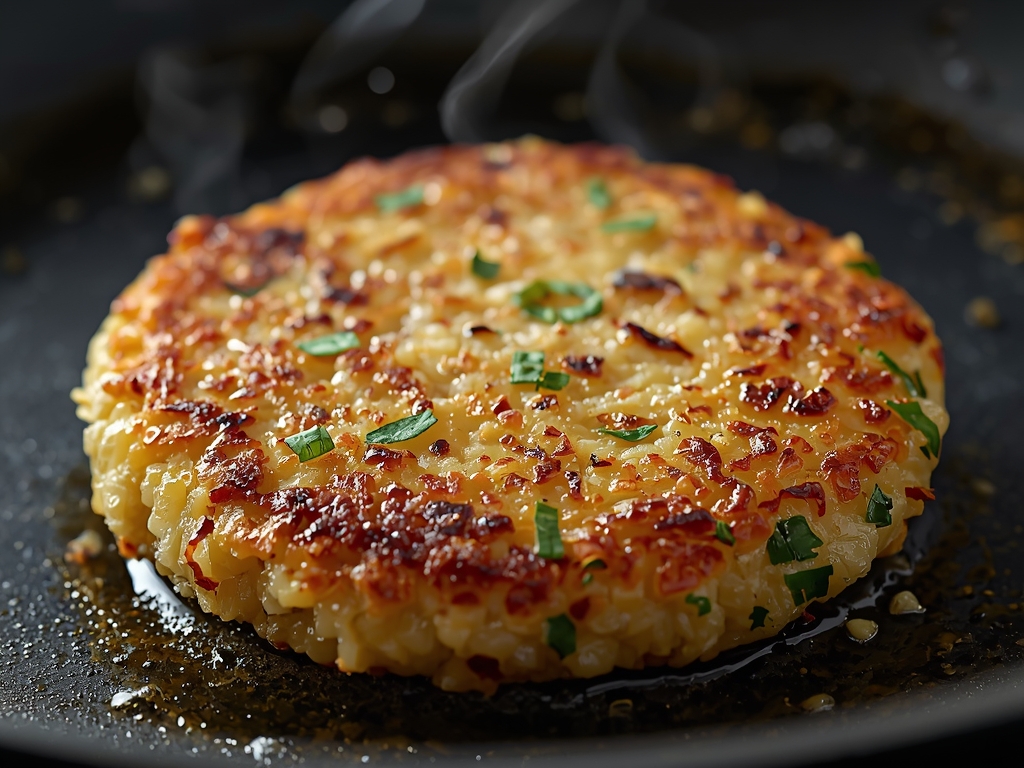 A close-up of a perfectly crispy quinoa patty being flipped