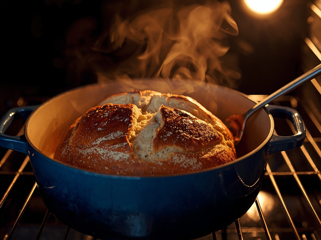 A Dutch oven with a golden-crusted sourdough loaf baking in