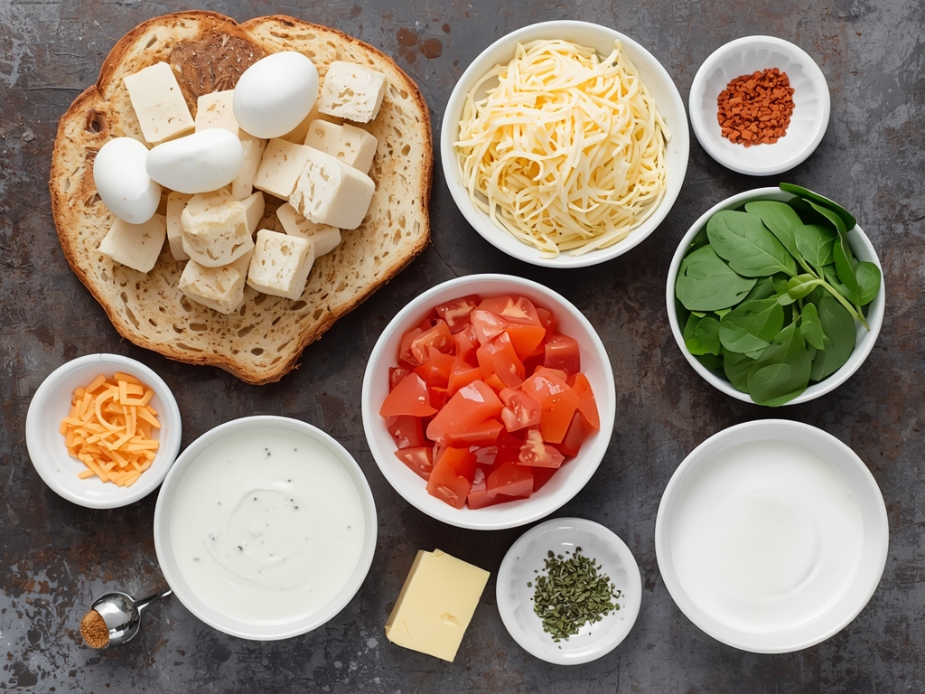 A flat-lay of all the key ingredients: stale bread cubes,