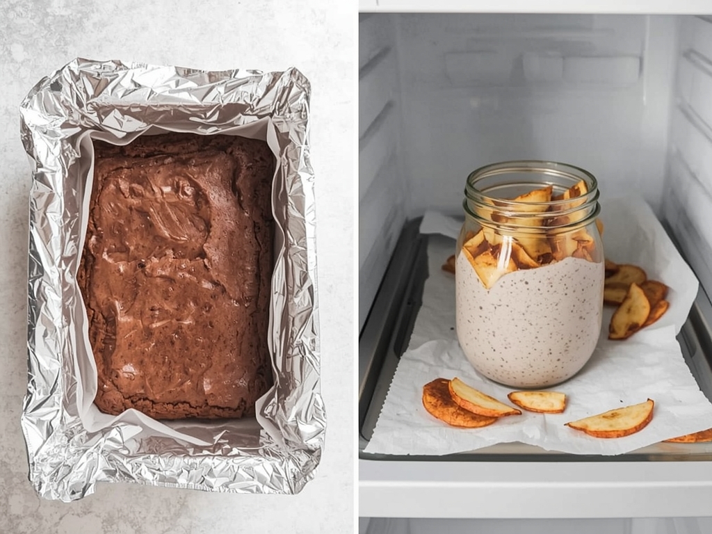 A glass airtight container filled with leftover zucchini brownies, wrapped