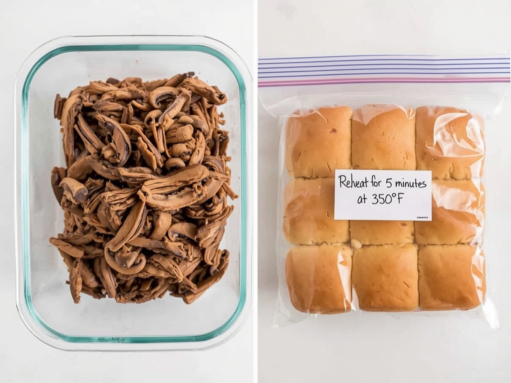 A glass container filled with leftover pulled mushrooms, slider buns