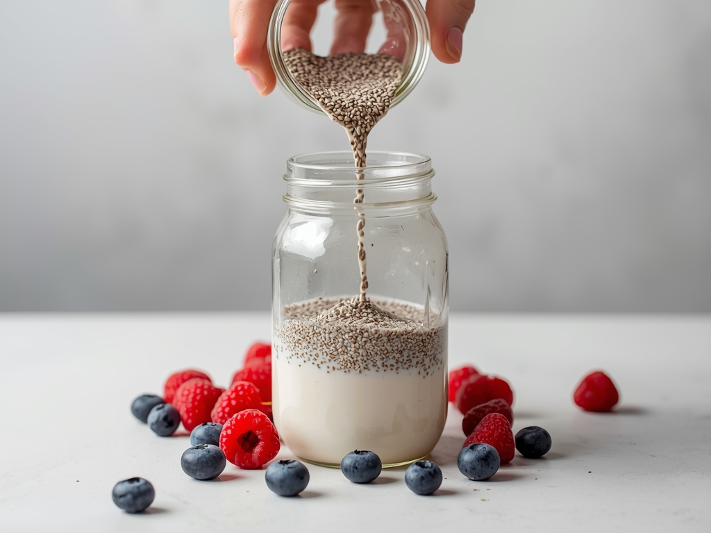 A hand pouring almond milk and chia seeds into a