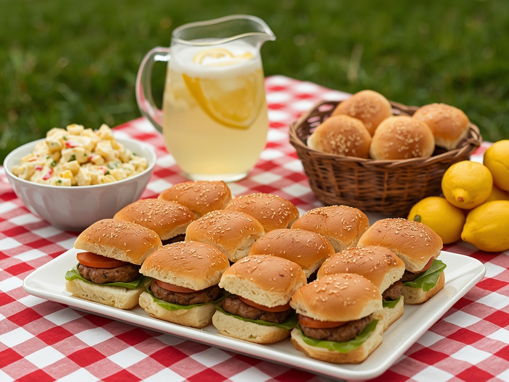 A picnic-style setup with a platter of sliders, a bowl