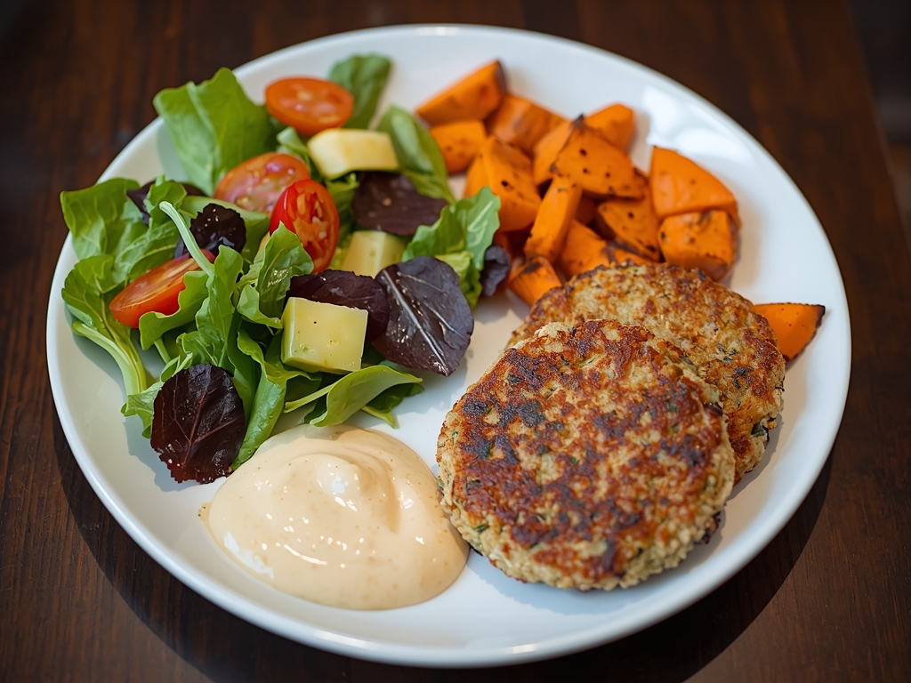 A plate with quinoa patties served alongside a fresh green