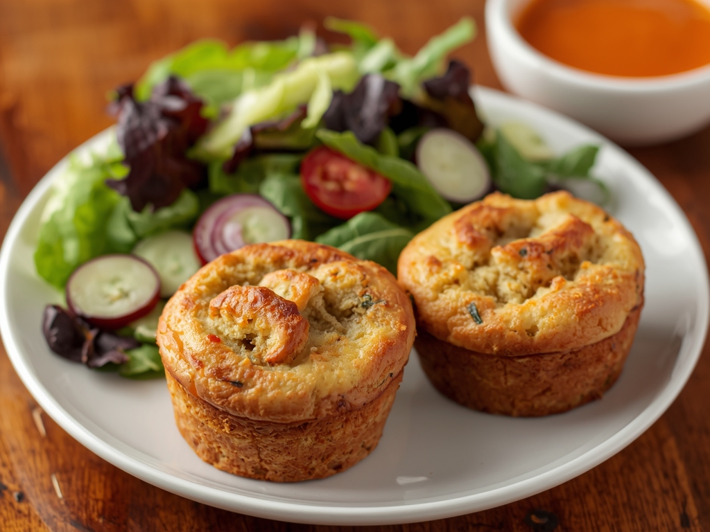 A plate with two savory bread pudding muffins, served alongside