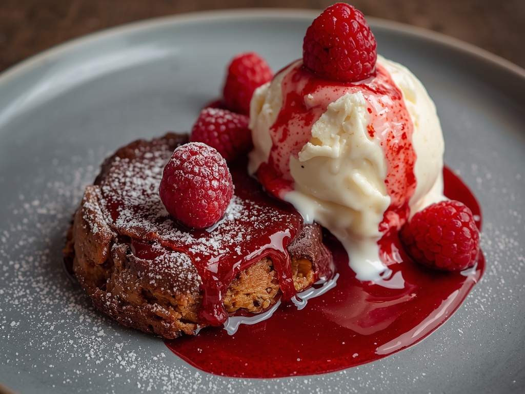 A plated molten lava cake with a generous drizzle of