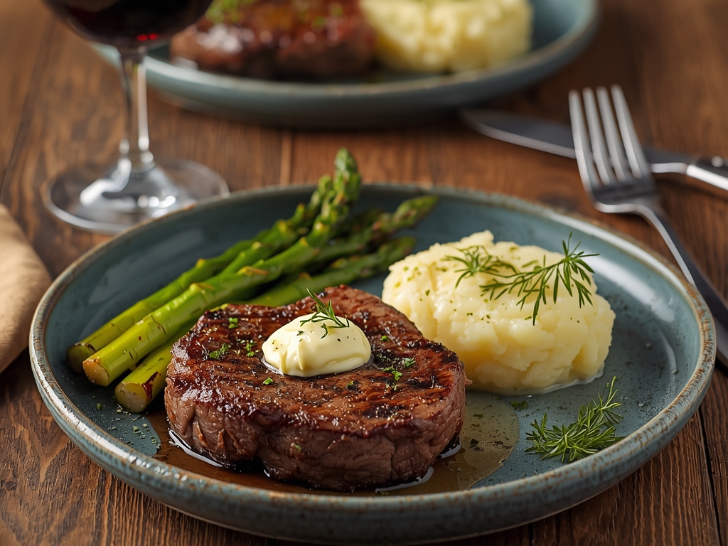 A plated ribeye steak with a slice of herb butter