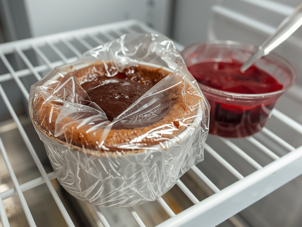 A ramekin of molten lava cake wrapped in plastic wrap