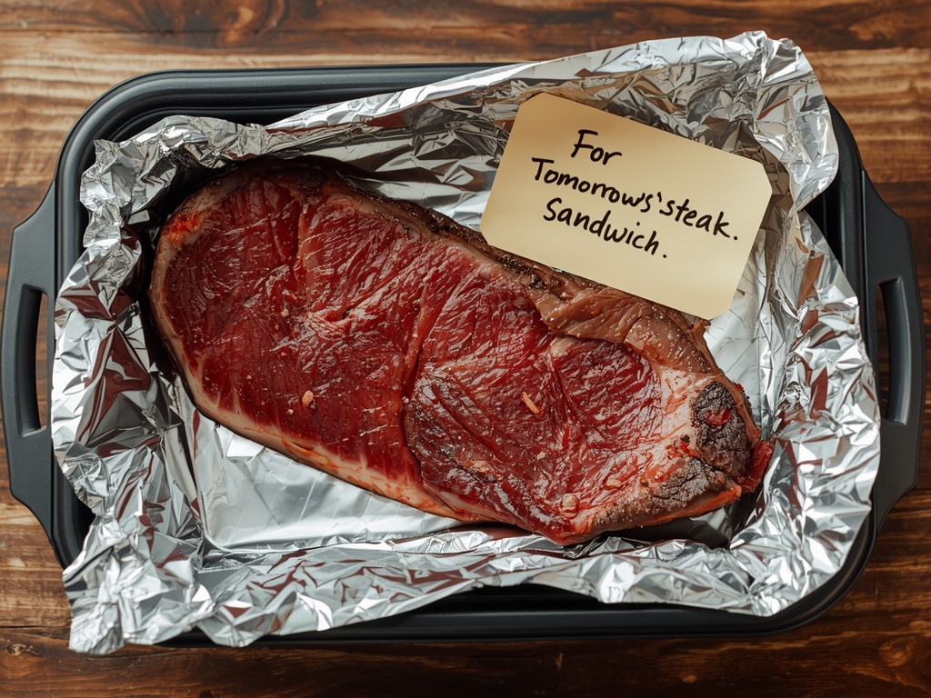 A slice of leftover ribeye steak wrapped in foil and