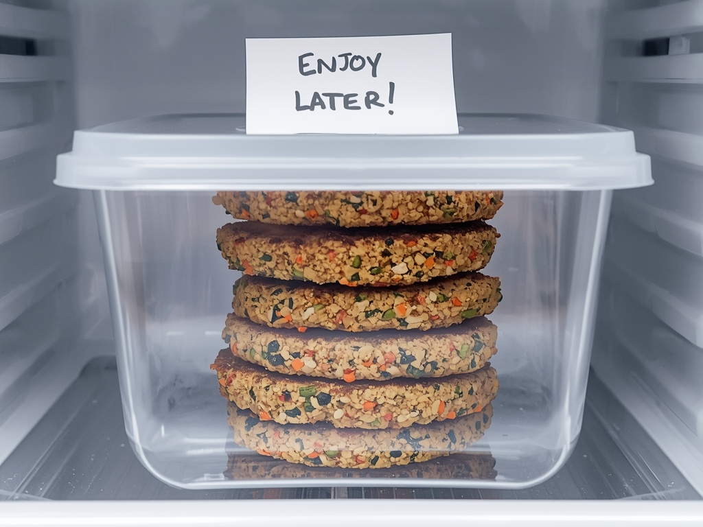 A stack of quinoa patties in an airtight container, placed
