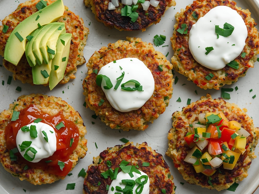 A variety of quinoa patties on a platter, each topped