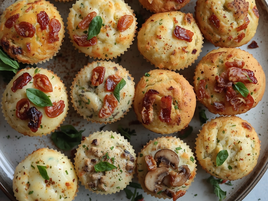 A variety of savory bread pudding muffins on a platter,