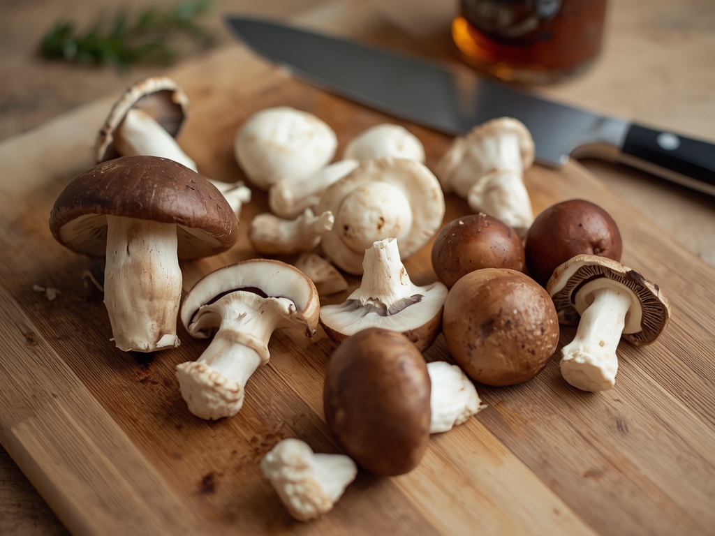 A variety of whole mushrooms (portobello, cremini, shiitake) on a