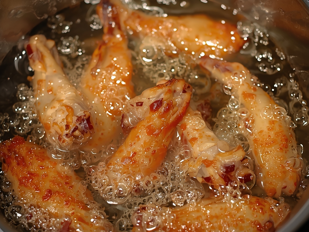 Chicken wings frying in a pot of hot oil, with