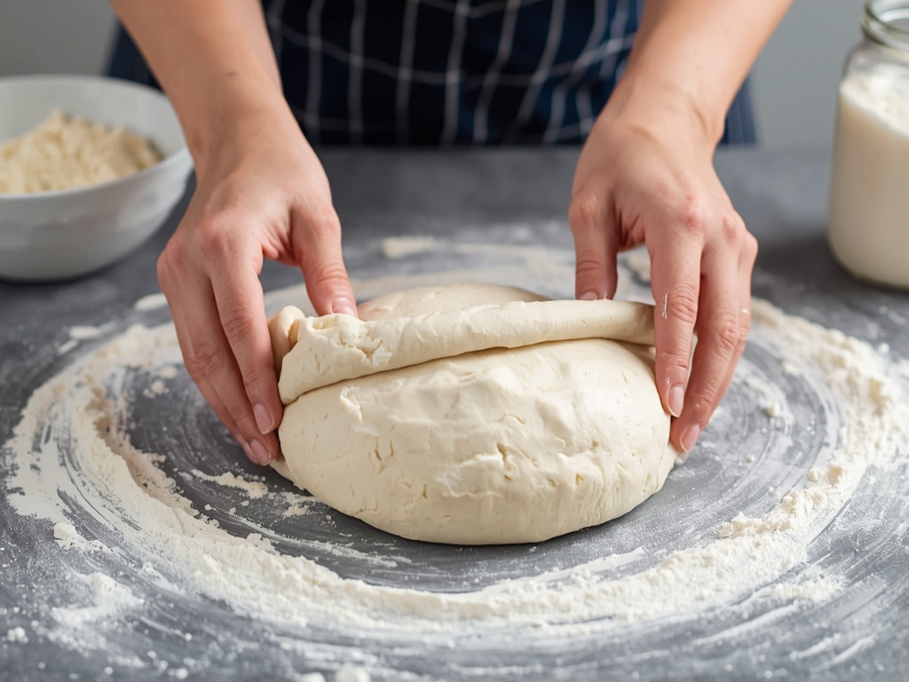 Hands gently stretching and folding sourdough dough on a floured