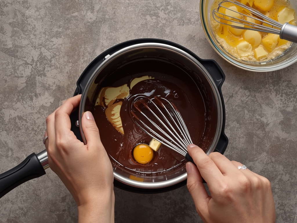 Hands melting dark chocolate and butter in a double boiler,