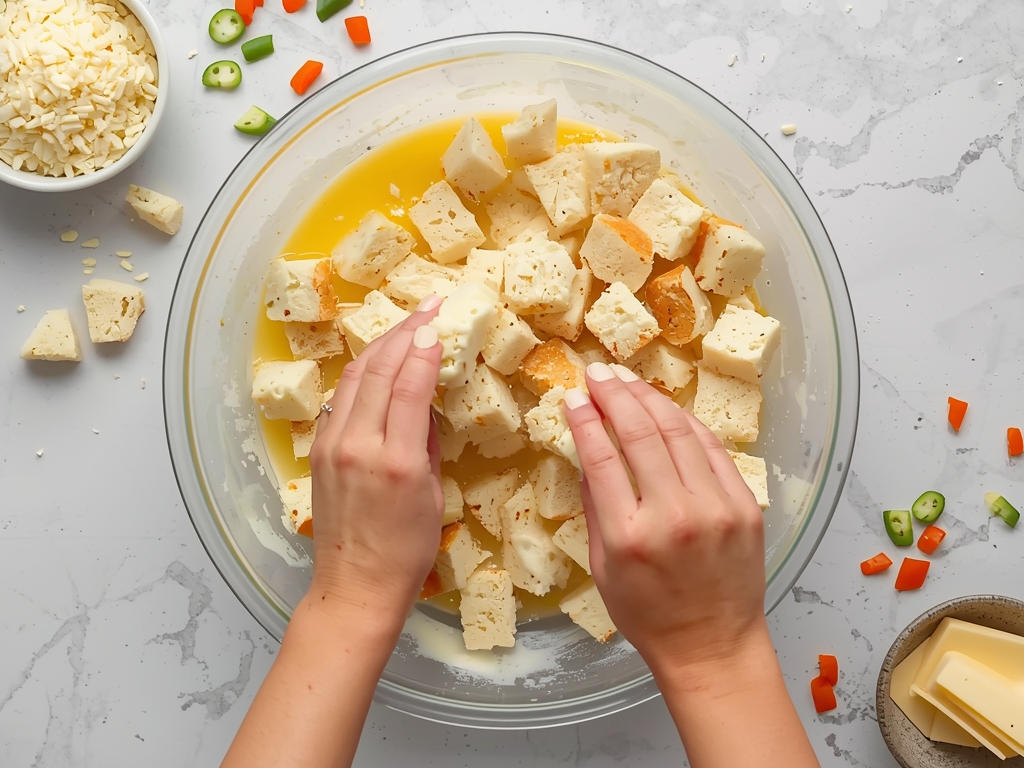 Hands mixing bread cubes with a creamy egg and milk