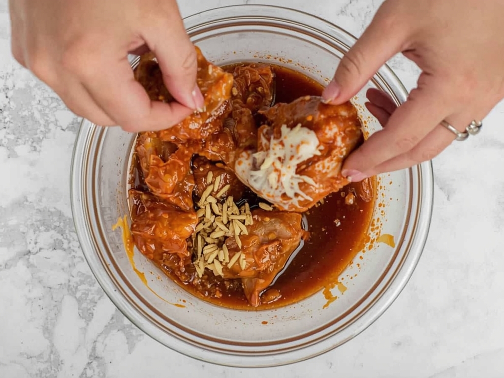Hands mixing chicken wings in a bowl with a marinade