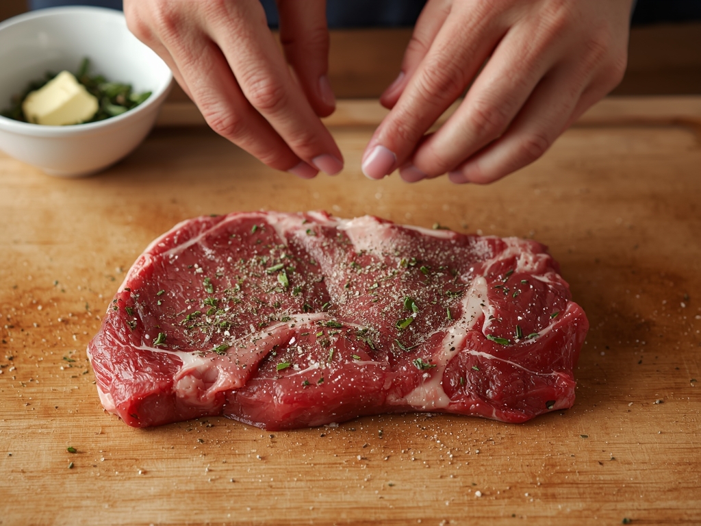 Hands seasoning a ribeye steak with salt and pepper on