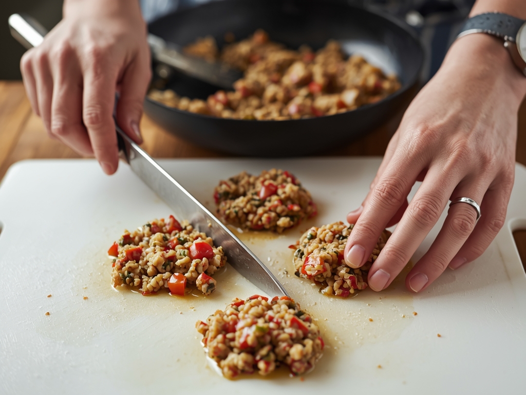 Hands shaping quinoa mixture into patties on a cutting board,