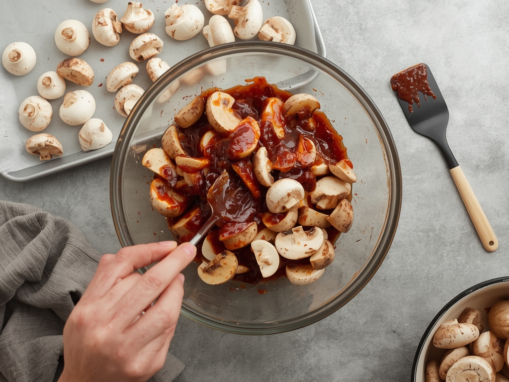 Hands tossing sliced mushrooms in a bowl with BBQ sauce,