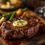High-quality, visually stunning, hero-style professional photography: A sizzling ribeye steak