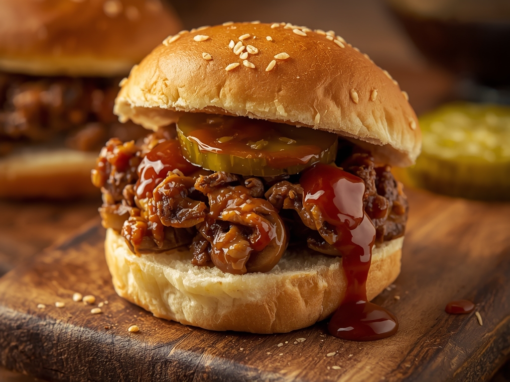 Close-up of a mini slider bun overflowing with juicy pulled