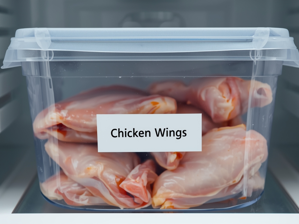 Leftover chicken wings stored in an airtight container in the