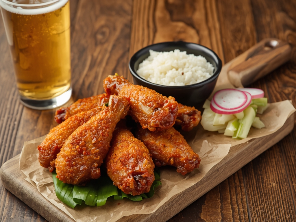 Plated crispy Korean fried chicken wings served on a wooden