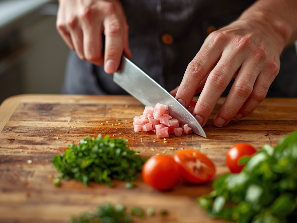 PREPARATION — Action shot of hands chopping, mixing, or marinating.