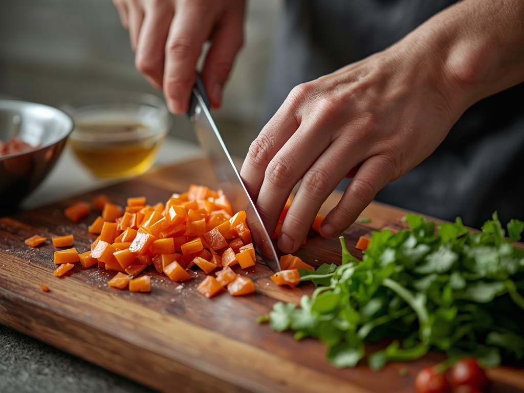PREPARATION — Action shot of hands chopping, mixing, or marinating.