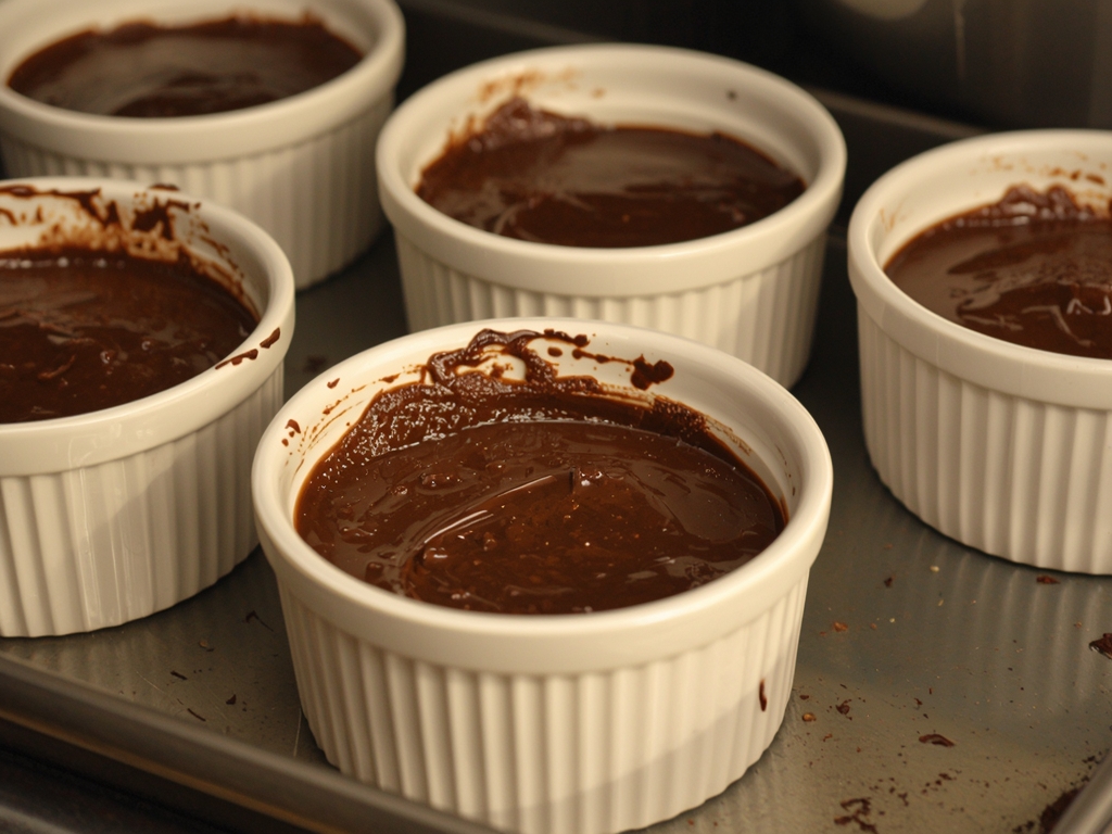 Ramekins filled with chocolate batter baking in the oven, showing