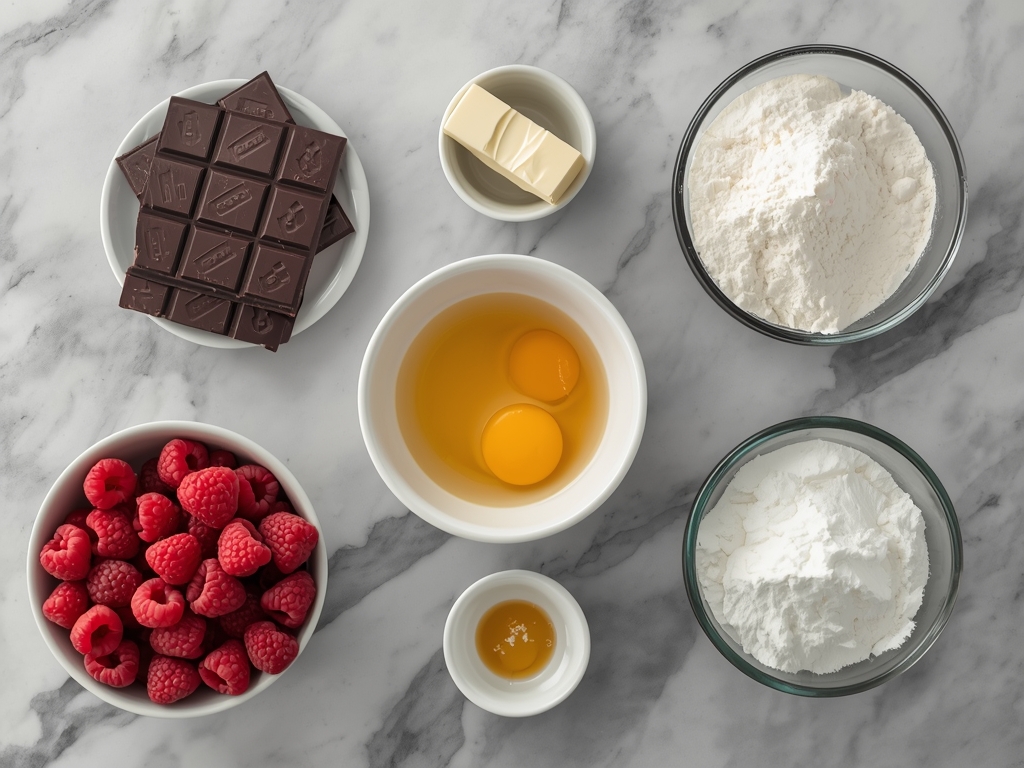 Raw ingredients neatly arranged on a marble surface: high-quality dark
