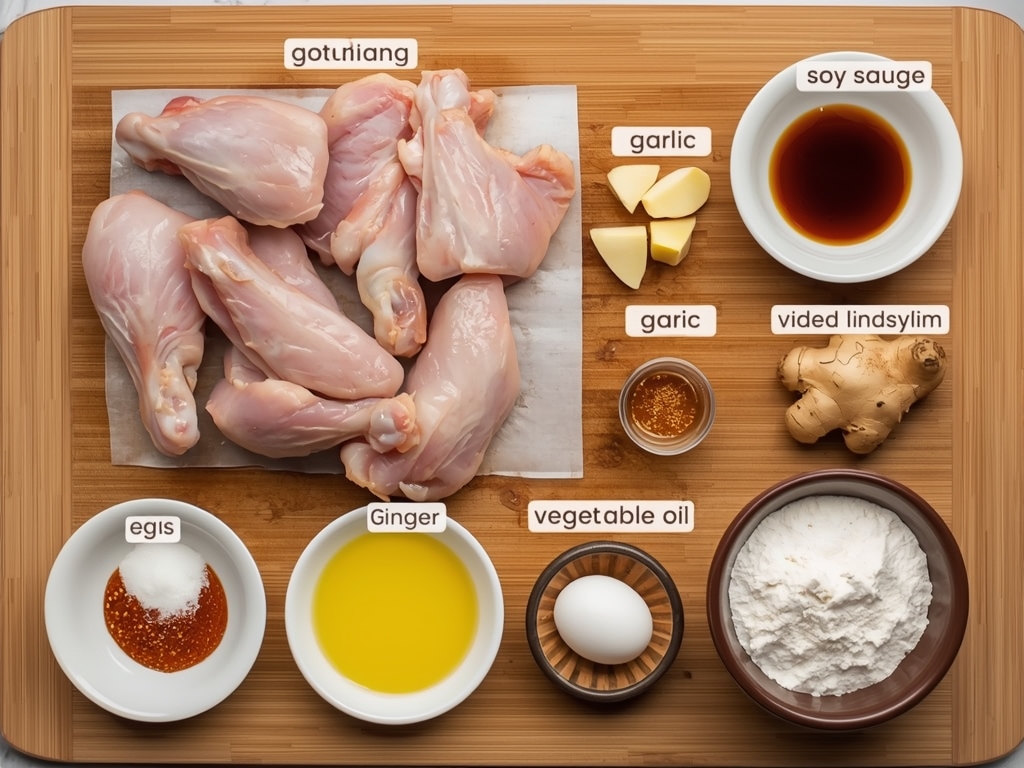Raw ingredients neatly arranged on a wooden cutting board: chicken