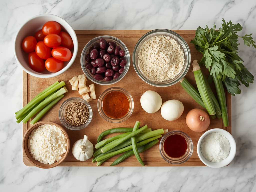 RAW INGREDIENTS — Organized mise en place flat-lay: all raw