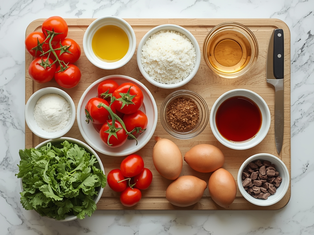 RAW INGREDIENTS — Organized mise en place flat-lay: all raw