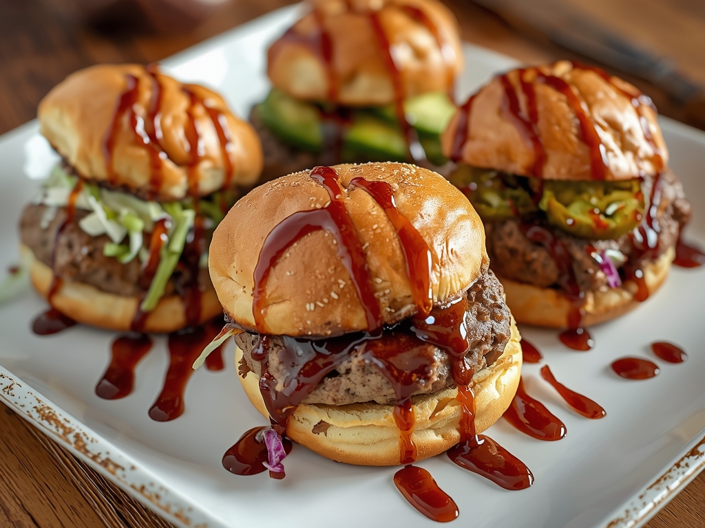 Three different sliders on a platter: one with coleslaw, one